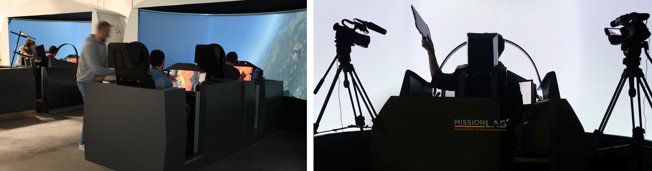 Zwei Fotos im MissionLab-Labor zu Untersuchungen zu wissenschaftlichen und experimentellen Untersuchungen von Missionstechnologien in der Simulation und im Flugversuch